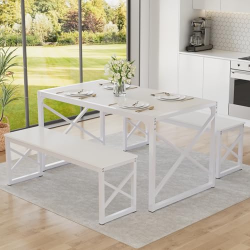 Image of VECELO 55 inch Kitchen Dining Table Set for 4, Heavy-Duty Steel Frame & Wood-Grain Tabletop, Space-Saving Dinette Sets with 2 Benches for Breakfast Nook and Small Space, White
