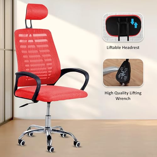 Image of Casa Copenhagen,Mesh Office Desk,Rocking, Ergonomic Computer Chair Adjustable High with Headrest and Comfortable Armrest Swivel Chair - Red & Dark Black Handle