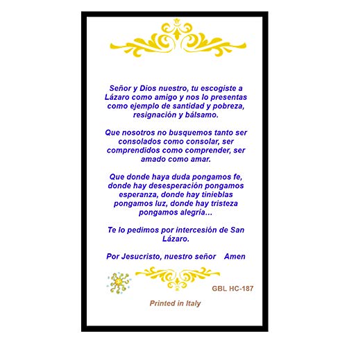 Gifts by Lulee, LLC Oracion a San Lazaro Tarjeta De Rezo Bendecida Por Su Santidad Francisco