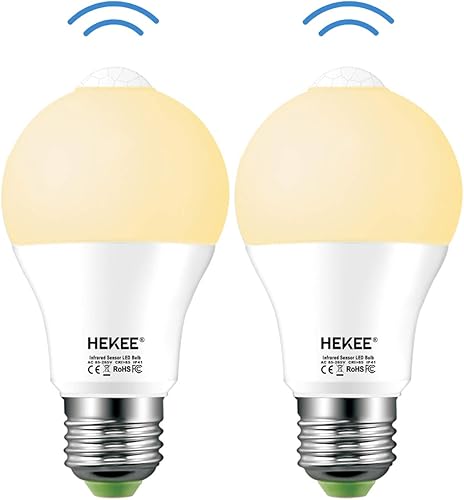 HEKEE Bombilla LED con sensor de movimiento de 9 W, A19 PIR integrada IR 60 W, equivalente a brillante, 810 lúmenes, base E26, bombillas blancas