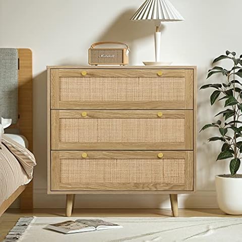 Anmytek 3 Drawer Dresser for Bedroom, Rattan Dresser Modern Wood Chest of Drawers with Spacious Storage for Bedroom Hallway Living Room, Rustic Oak, H0027 Cover