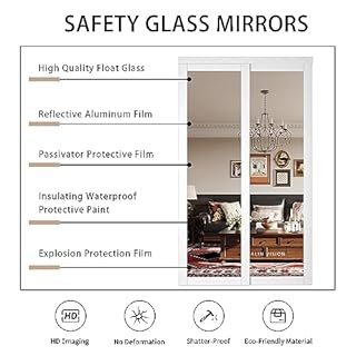 SOLRIG Sliding Closet Door, 60"(Double 30.98") x 80", 1-Lite Mirror Sliding Door with Hardware Track Kit & Floor Guide, Finished Doors 2 Panels, MDF, Whit