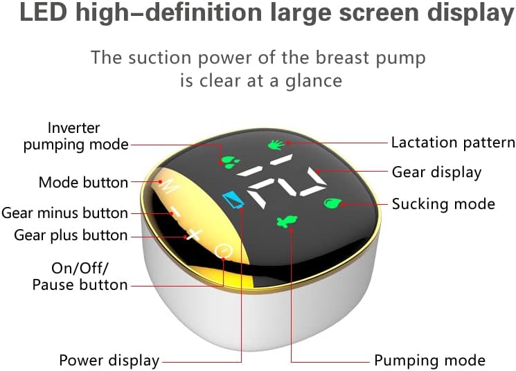 Close-up of the breast pump's LED touch screen showing controls for mode, gear adjustment, and power display.