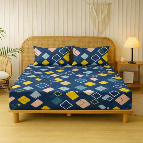Image of Designer Floral Printed Flat Bedsheet for Double Bed 200tc to 220tc | Ultra Soft Cotton Fabric | King /Queen Size Top Sheet with 2 Matching Pillow Covers - 228 x 228 Cm, Blue and Yellow