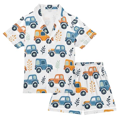 ALAZA Cute Road Car Truck Pajamas Satin Pajama Set Short Sleeve Button Down Sleepwear