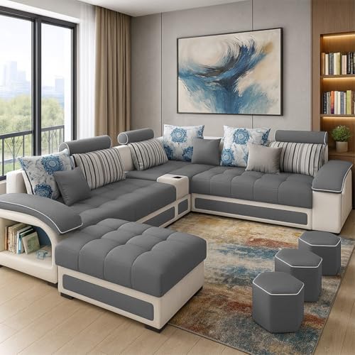 Image of Casaliving Yamir Modern U-Shaped Sectional Sofa Set with Storage, 9 Seater, Sofa Couch with 4 Puffy for Hall Guest Room (Dark Grey & Grey) Premium Fabric Sofa Set