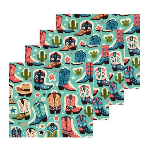 YANENDIE Cute Boots Cowboy Washcloths Towels, Highly Absorbent and Soft Cotton Face Cloths, 4 Pack Quick Dry Wash Cloths - 12 X 12 Inches