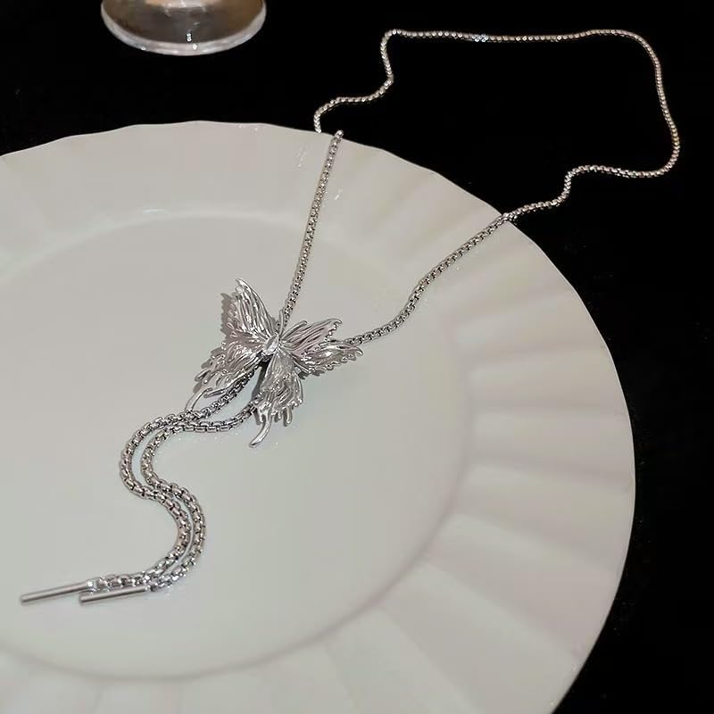 Long Butterfly Necklace Butterfly Choker Delicate Waterproof Stainless Steel Adjustable Lariat Silver Butterfly Necklace Women's Jewelry - Image 3