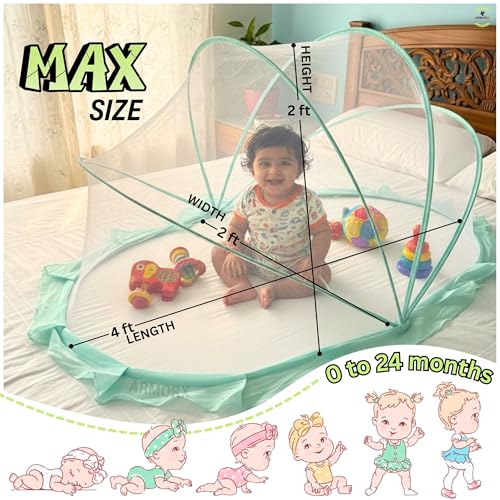 Image of ArmorX Baby Mosquito Net for Bed, Cot, Crib | Minty Green | Newborn - 24 Months | Foldable, Washable & Breathable Insect Mesh with Easy to Carry Travel Bag | Chemical-Free Protection for Toddlers