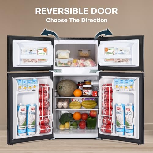 Upstreman 3.1 Cu.Ft Mini Fridge with Freezer, Double Door Small Fridge, Dorm Essentials, Adjustable Thermostat, Energy Saving, Mini Refrigerator for Office, Dorm, Bedroom, Black