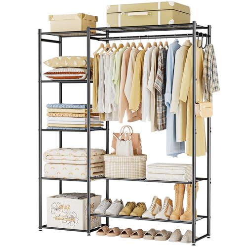 Neprock Wardrobe Closet, Portable Clothing Rack for Hanging Clothes, Free Standing Closet Organizers and Storage System with 4 Tiers Shelves for Cloakroom Bedroom, Black