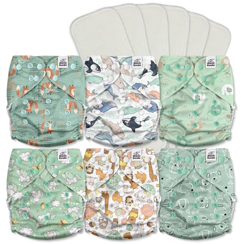Mama Koala 3.0 Cloth Diapers for Babies with AWJ Lining, 6 Pack with 12 5-Layer Bboo(No Microfiber) Cloth Diaper Inserts - Reusable and Washable Pocket Diapers(12-My Warm Heart)
