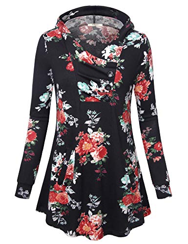 Bebonnie Womens Hooded Tunic, Ladies Maternity Christmas Long Sleeve Casual Loose Fit Plus Size Shirts V Neck Floral Solid Color Tunic Hoodies Sweatshirts Black#3 XXL