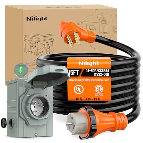 Image of Nilight 50A 15FT Generator Extension Cord and Power Inlet Box 125 /250V Heavy Duty 6 /3+8 /1 Gauge STW ETL Listed NEMA 14-50P /SS2-50R Twist Lock Connector for RV Outdoor Use