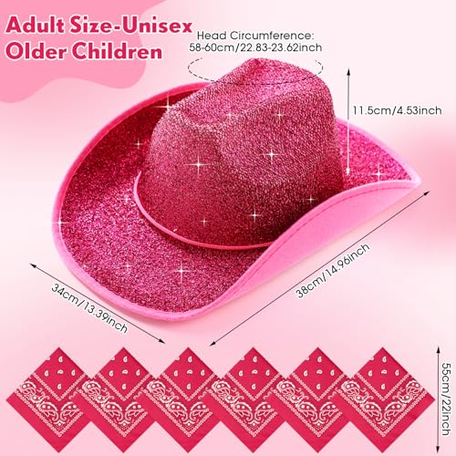 Image of Coume 12 Pcs Sparkly Adults Cowboy Hat and Bandanas Women Men Western Glitter Cowgirl Party Hats with Adjustable Drawstring