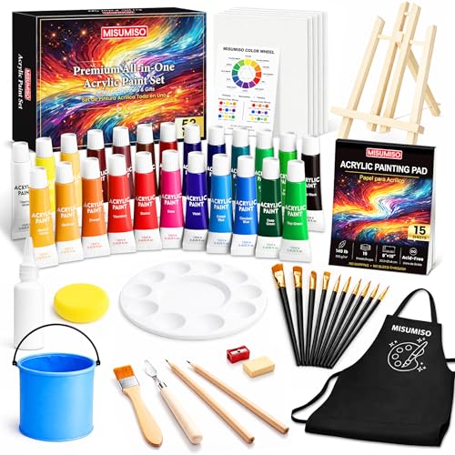 MISUMISO Acrylic Paint Set for Beginners - 24 Colors Painting Kit with Canvas Panels Easel 10 Brushes Apron Palette & Accessories - Art Kit Painting Supplies for Adults Kids Teens Gift Set