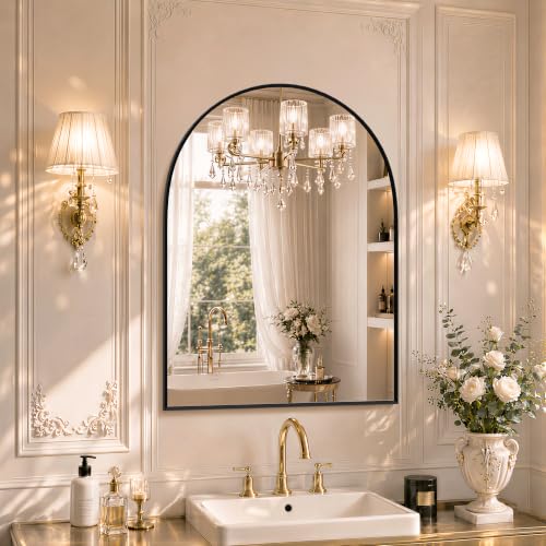 Image of 31 inchx32 inch Arched Black Bathroom Mirror - Metal Framed with HD Shatter-Proof Glass, Wall-Mounted for Over Sink, Entryway, Living Room, Bedroom