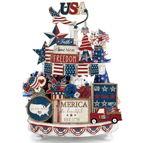 Seeloowy 26 Pcs 4th of July Tiered Tray Decoration Patriotic USA Wood Signs Rustic America Flag Red White and Blue Tiered Tray Decorations for Memorial Day Home 250th Anniversary Birthday Party