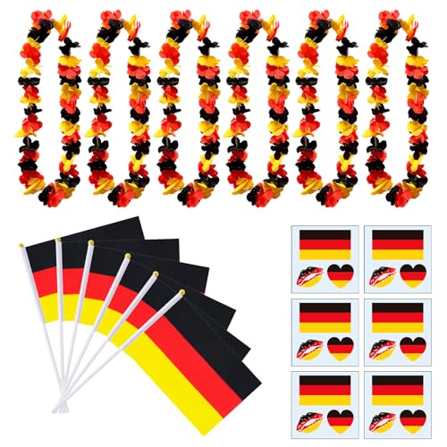 18 Stück Deutschland Fanartikel Set für große Fußball-Event 2026-6x Blumenkette 6x Handfahne & 6x Tattoo Sticker - Zubehör für Public Viewing & Fanmeile - Fanartikel Deutschland