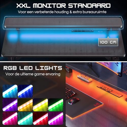 Five Stars® Game Bureau - 100x50x75 cm - Game Bureau met LED verlichting - Zwart Carbon - Gaming Desk - Computertafel - RGB LED Verlichting - Afbeelding 6