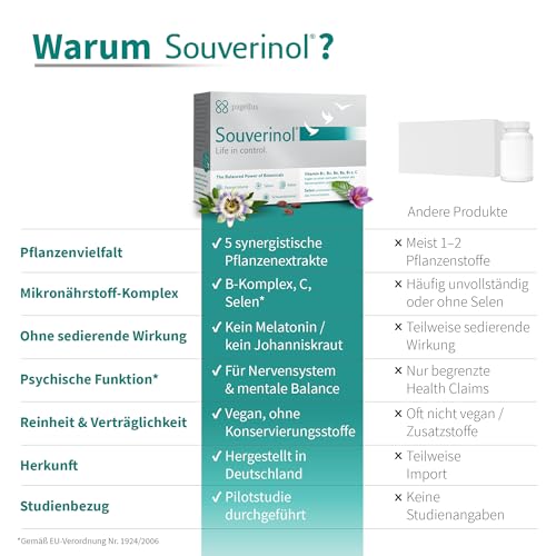 Souverinol® - Gegen innere Unruhe, Stress & Prüfungsangst - Pflanzliches Nahrungsergänzungsmittel mit Vitamin B & C (60 Kapseln) – Passionsblume, Safran Extrakt & Schwarzkümmel für mentale Balance