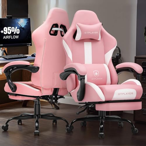 Image of GTPLAYER Gaming Chair with Pocket Spring Cushion, Leather Office Chair with Ergonomic High Back & Lumbar Support for Back Pain Relief, Computer Game Chair for Adults, Pink