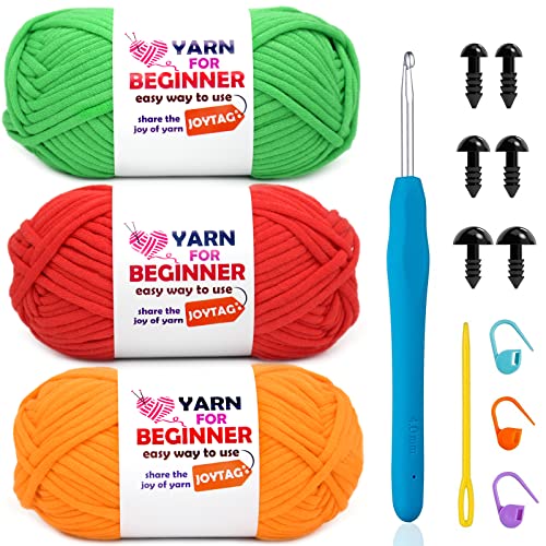 Image of Yarn for Crocheting and Knitting Green Red Orange Cotton Crochet Knitting Yarn for Beginners with Easy-to-See Stitches Cotton-Nylon Blend Easy Yarn for Beginners Crochet Kit(3x50g)