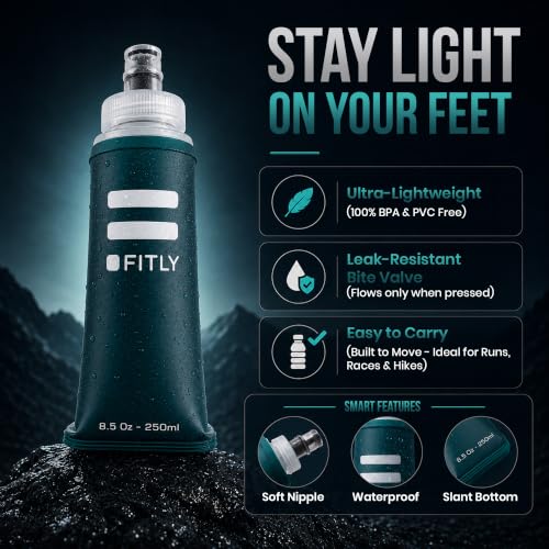 Image of Soft Flask - 8.5 oz (250 ml) - Shrink As You Drink Pocket Soft Water Bottle for Hydration Pack /Running Vest - Folding Water Bottle for Running, Hiking, Cycling - Ski Water Bottles - Petrol Blue