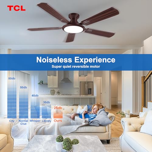 Image of TCL 52 inch Brown Low Profile Ceiling Fan with Light & Remote | 5-blade Flush Mount fan with quiet 6-speed reversible DC motor. Dimmable LED light. Ideal for bedroom, living room & garage