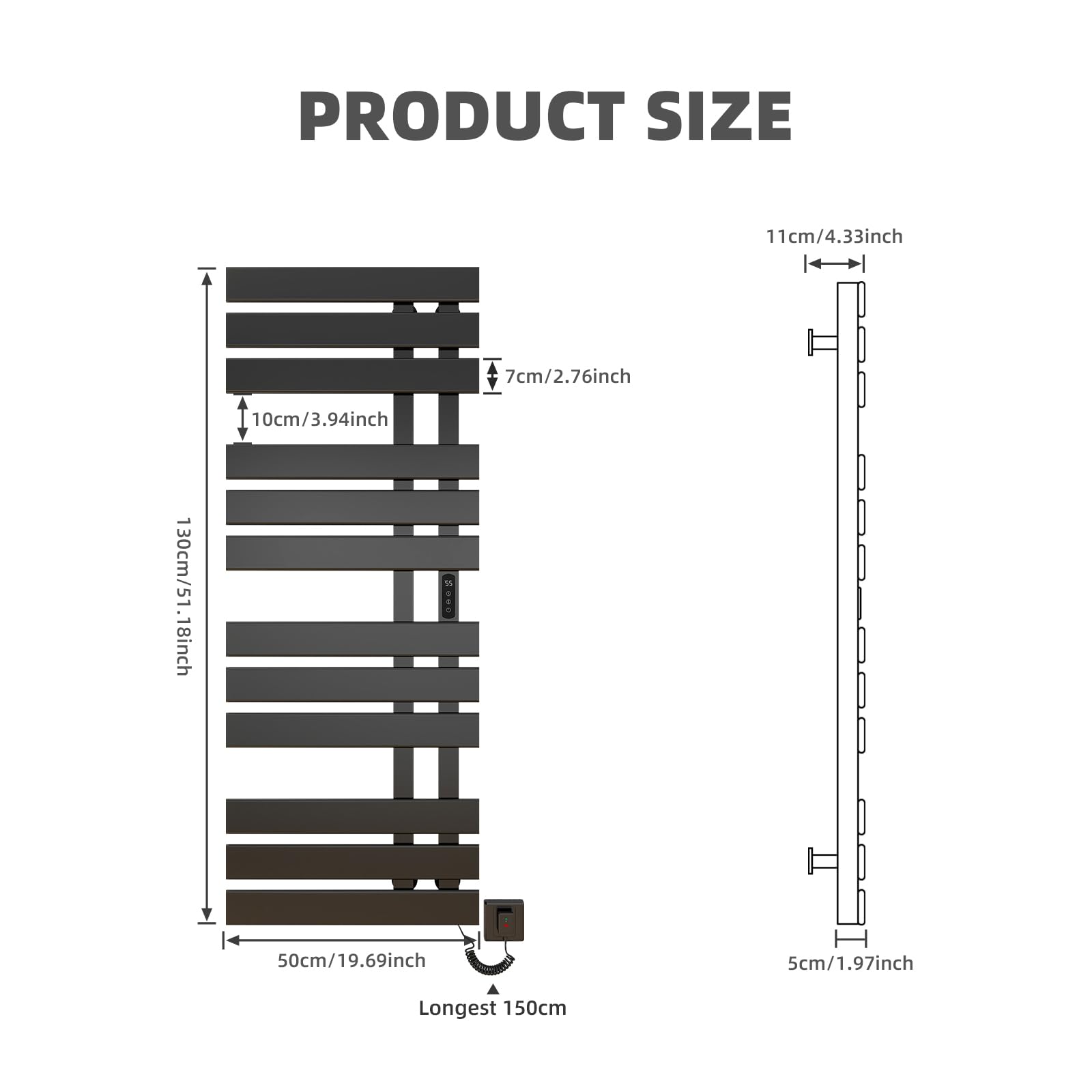 TINS Seche Serviette Electrique Seche Serviette Noir WiFi 500×1300mm 450W Porte-Serviettes électrique pour Alexa et Google Home et APP Radiateur Salle de Bain Économie d'énergie -WiFi Black Right