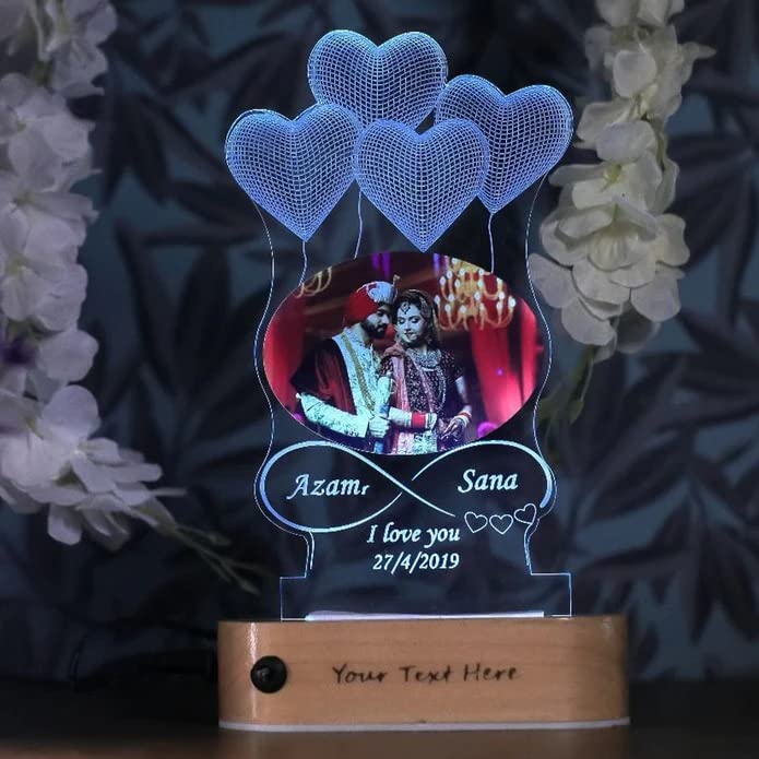 Image of Personalized 3D Illusion LED Night Lamp with Custom Heart-Shaped Photo and Engraving for Couple Gift Anniversary, Wedding, Marriage, Valentine Day Girlfriend Boyfriend- Multicolor
