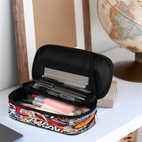 Image of Abstract Graffiti Big Capacity Pencil Case Pencil Pouch with Zipper, Pen Marker Stationery Bag Art Supply Storage Organizer Box Portable Stationery Storage Bag Pen Holder for Boys Girls