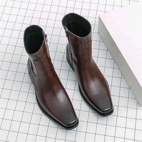 Mens Leather Pull On Low Chunky Heels Square Toe Dress Western Chelsea Boots Casual Ankle Cowboy Boots with Side Zipper & Buckles for Prom Formal Party Working Business2