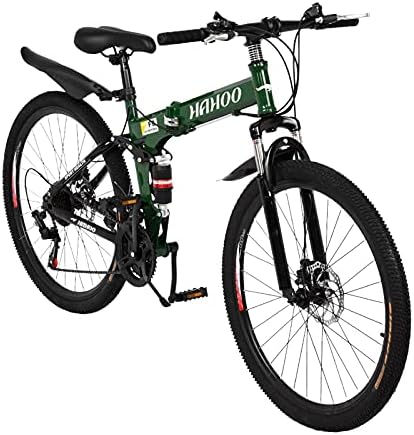 26 inch Folding Mountain Bike 21-Speed High-Carbon Steel Frame Full Suspension Bike for Teenagers and Adults Mountain Bikes Men 26 Inch Electric (Green, One Size)
