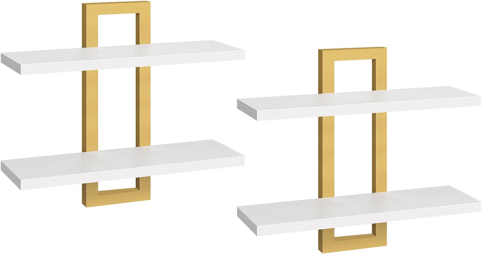 Floating Shelves, 15 Inch Wall Shelf Set of 2, Wall Mounted Storage Shelves 2-Tier, Hanging Bathroom Shelves, for Living Room, Bedroom, Bathroom, Kitchen, White and Gold DW32BJ01