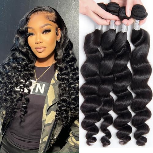 Loose Wave Human Hair Bundles 4 Bundles 20 22 24 26 Brazilian Virgin 12A Loose Wavy for Black Women 100% Unprocessed Weave