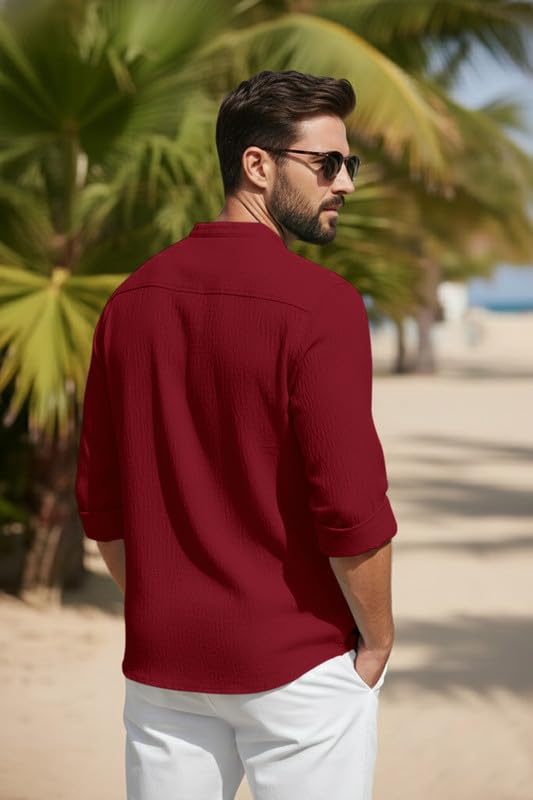 Image of Men's Cotton Blend Short Kurta with Collared Neck Full Sleeves Solid Pattern Western Style Regular Fit and Standard Length
