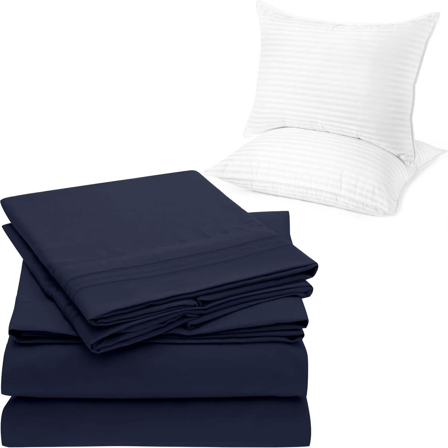 Mellanni Bed Sheet Set + 2 Pillows Bundle&Save - Hotel Luxury Bedding - Bundle Includes: 4pcs Queen Bed Sheet Set and Set of 2 Pillows Queen Size 20" x 28" (Queen, Royal Blue/White)