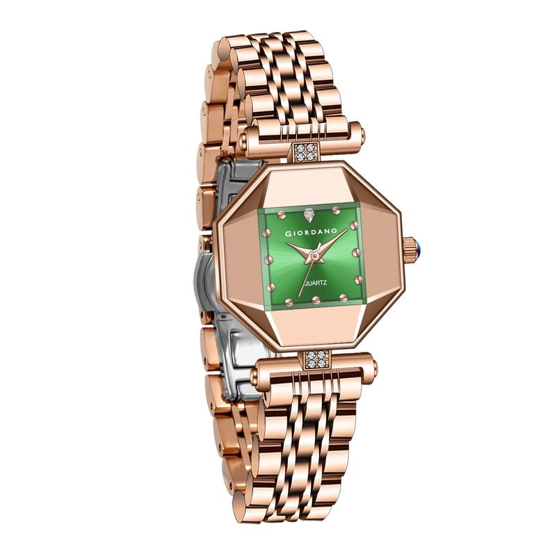 Image of Giordano Dress Watch for Women - Rose Gold Finish, Diamond Accented Octagonal Dial & Stainless Steel Strap