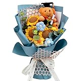 Hlenbin Graduation Gifts Crochet Flowers Bouquet, Handmade Sunflower Rose Bear Graduations Flower Bouquet for Birthday, Teacher Appreciation Gifts, Christmas, Home Décor (Include Card) Blue