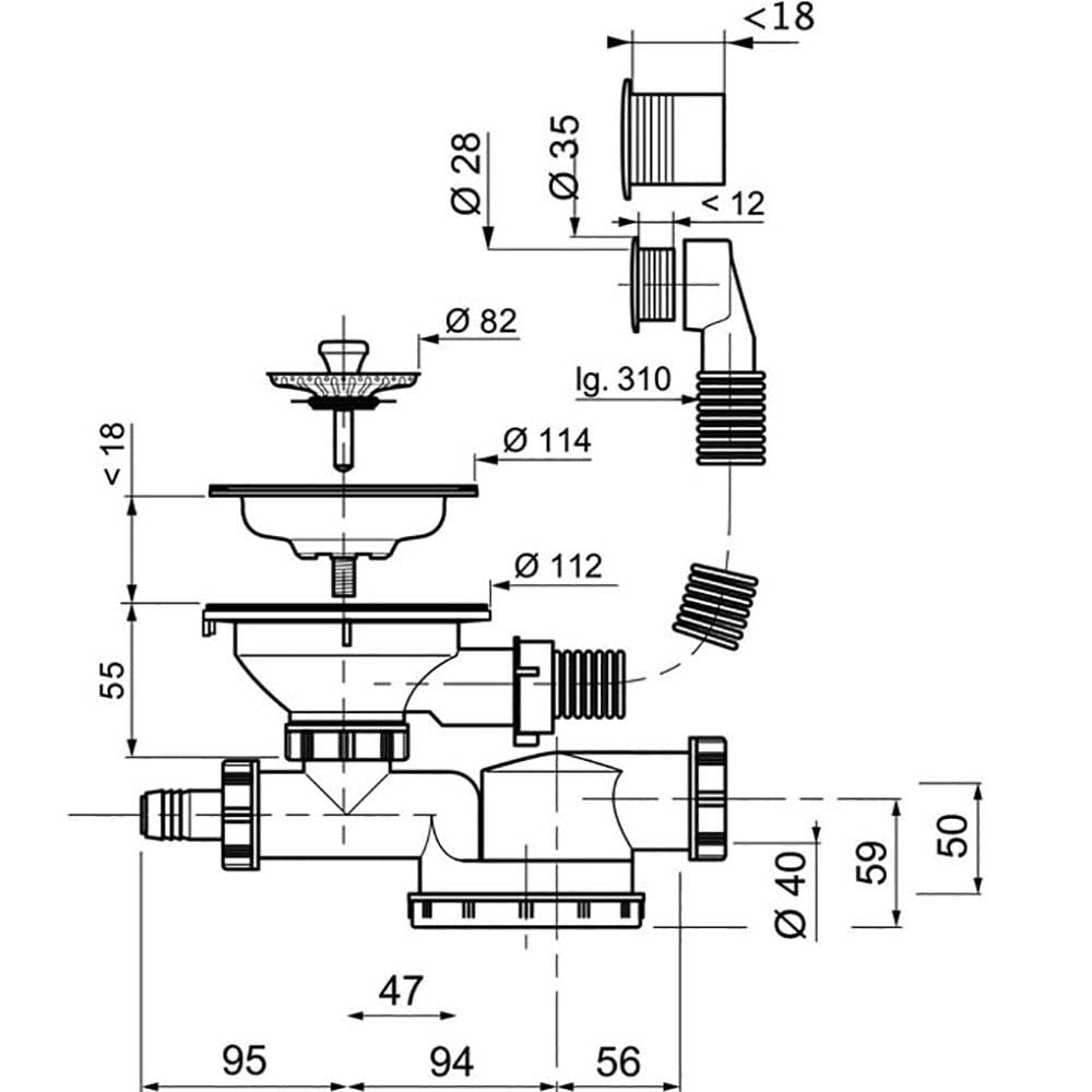 Vidage Wirquin -30718721- pour évier 1 bac (grès, synthèse ou inox) avec prise machine à laver, tourelle orientable.