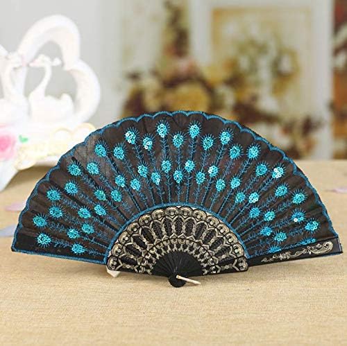 Dusenly 2pcs Fashion Peacock Handheld Fan Folding Hand Fans with Sequins Flower Pattern for Women and Girls