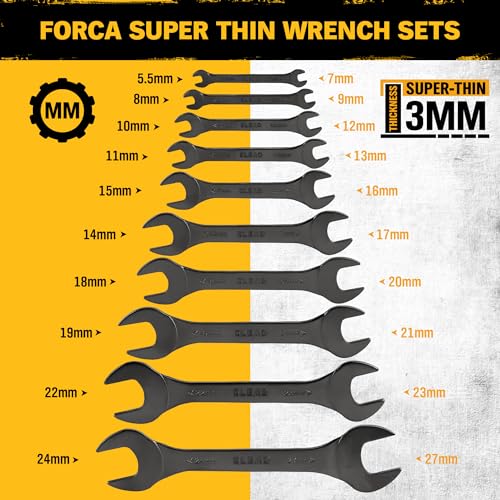 Image of ELEAD 10-Piece Super-Thin Open End Wrench Set, Metric 5.5-27mm, CR-V Nickel Plated, 3 mm Thickness for Tight Spaces, 5.5, 7, 8, 9, 10, 11, 12, 13, 14, 15, 16, 17, 18, 19, 20, 21, 22, 23, 24, 27mm
