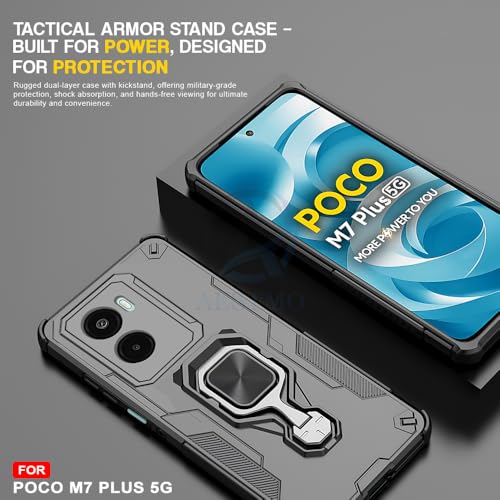 Image of AESTMO Armor Back Cover for Poco M7 Plus 5G | Ring Holder & Kickstand & Camera Protection in-Built | 360 Degree Protection Back Case Cover (Black)