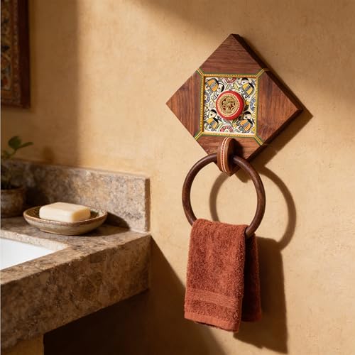 Image of Aakriti Art Creations Art Fusion Wooden Towel Holder | Dhokra Elegance Towel Hanger | Brass & Wooden Handcrafted Towel Holder | Matte Finish Brown Wall Mounted