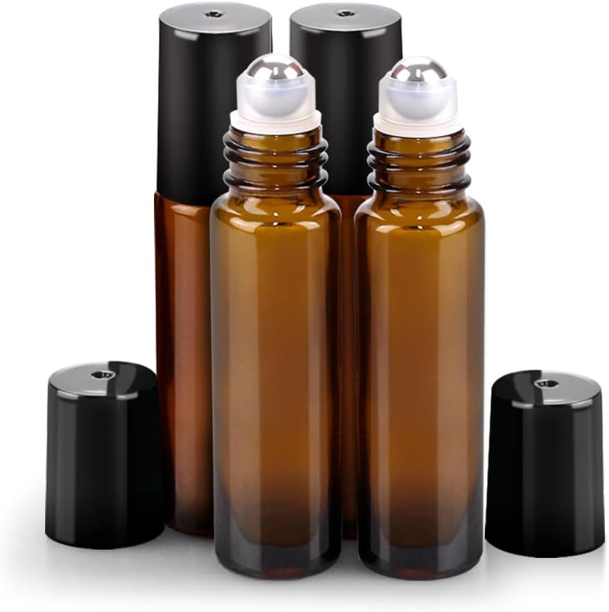 sungwoo 4 Pack Essential Oil Roller Bottles Stainless Steel, 10ml Amber Glass Roller Bottles with Caps for Travel, Perfume and Lip Gloss sungwoo 4 Pack Essential Oil Roller Bottles Stainless Steel, 10ml Amber Glass Roller Bottles with Caps for Travel, Perfume and Lip Gloss