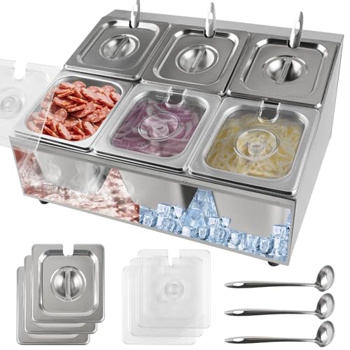 Kalolary 6 Pfannen Edelstahl Zutatenbehälter, 2 Reihiger Gewürzständer aus Edelstahl mit Deckeln Löffeln Schräghalter Arbeitsplatte Buffetbehälter Set für Soßen Marmelade Obst Zutaten Küche Restaurant