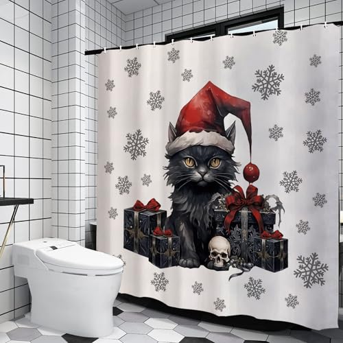 Gothic Christmas Decorations Shower Curtain Black Cat Spooky Halloween Christmas Holiday...