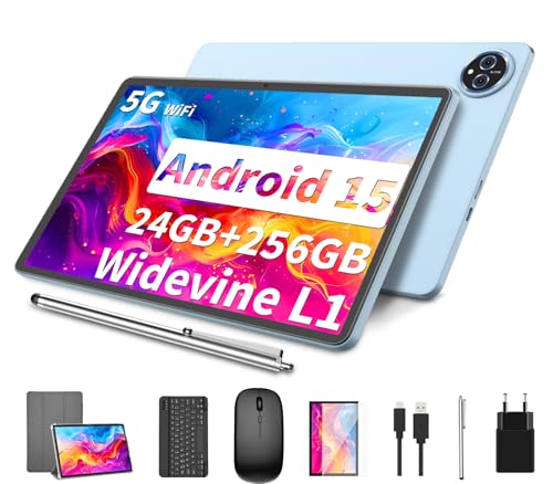 YLEEBG Android 15 Tablet 11 Zoll 2-in-1 mit Tastatur 24GB RAM + 256GB ROM (1TB erweiterbar) Octa-Core, 8000mAh, Dual-Band WiFi 13MP+5MP Dual-Kamera Inkl. Tastaturhülle, Maus & Stift (Silber)