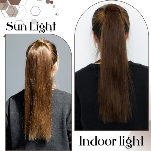 Hetto Hair Extension Ponytail Human Hair Brown 18 Inch Clip in Ponytail Hair Extensions Wrap Around Real Hair Ponytail Extension Straight for Quick Hairstyles 80g #4 - Image 4